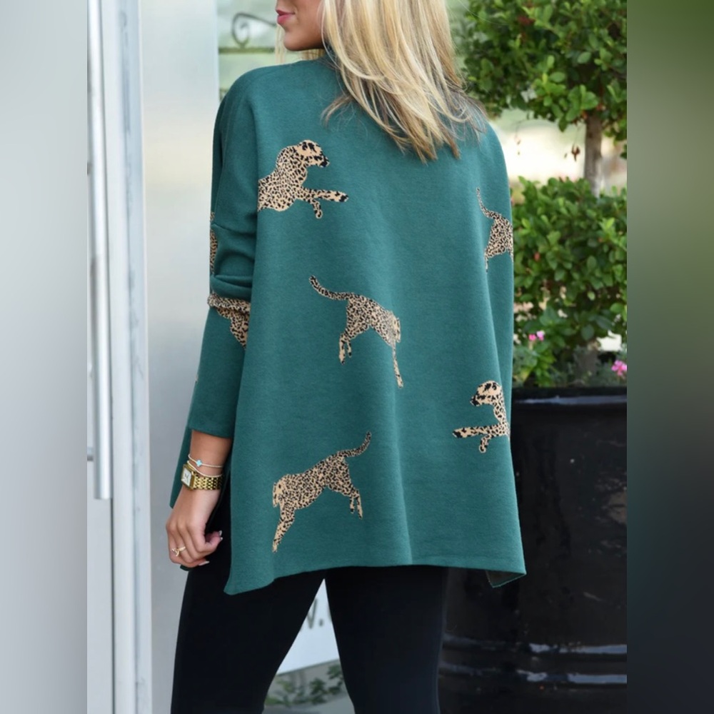 Teal Leopard Print Open Cardigan Sweater - Women's
